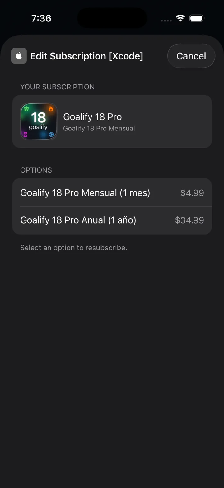 Goalify 18 Pro subscription options